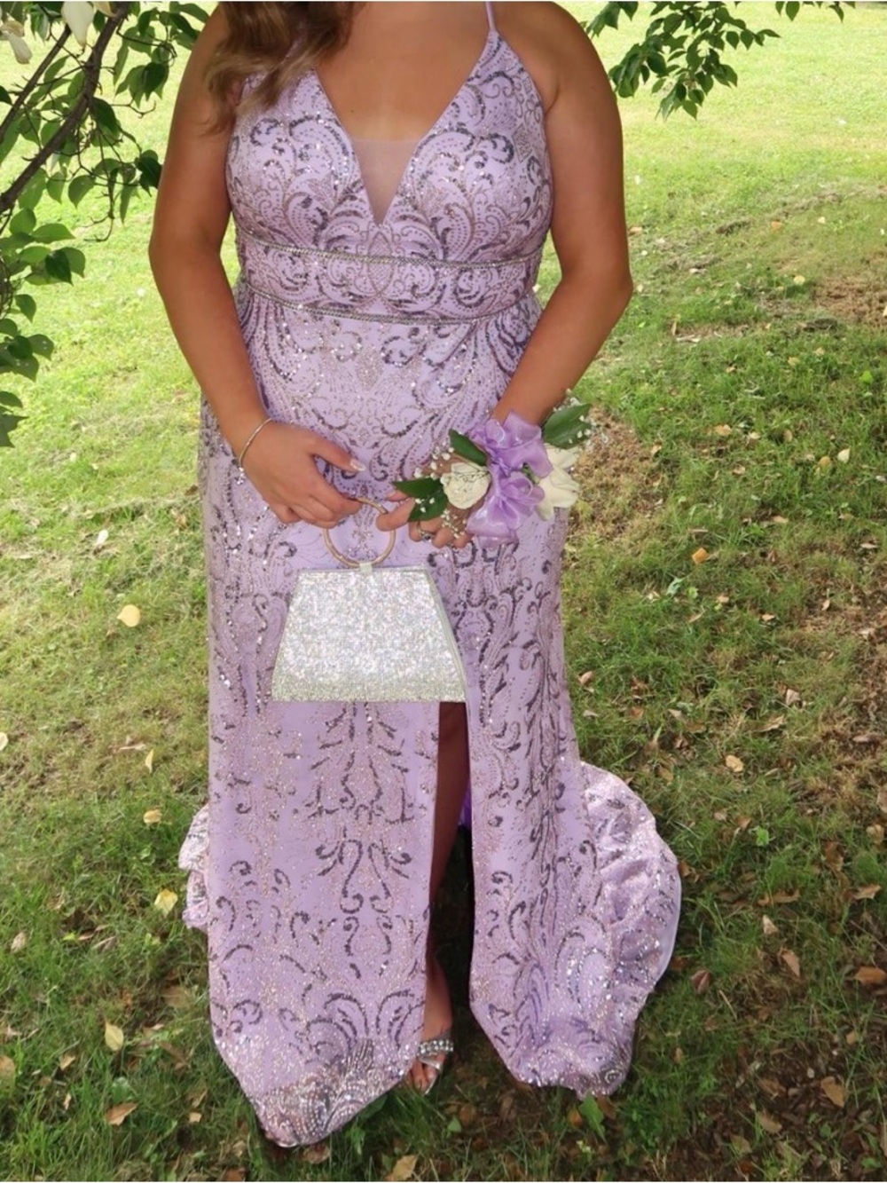 Camille La Vie Lavender Sequin Prom Dress with Beaded Waist